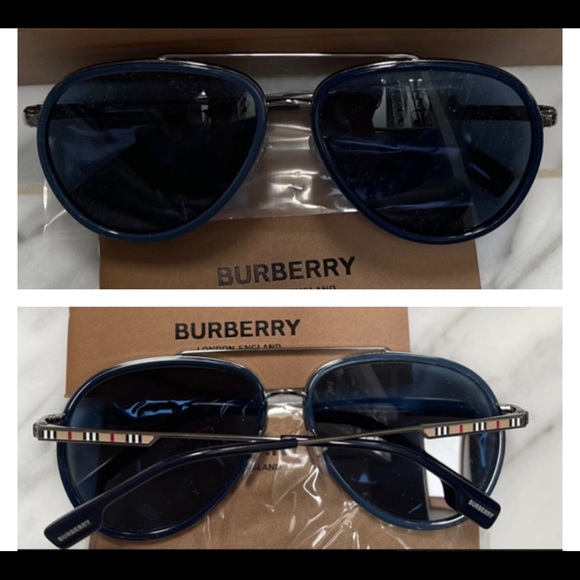 BURBERRY UNISEX GUNMETAL DARK BLUE PILOT AVIATOR LOGO SUNGLASSES - Picture 14 of 14